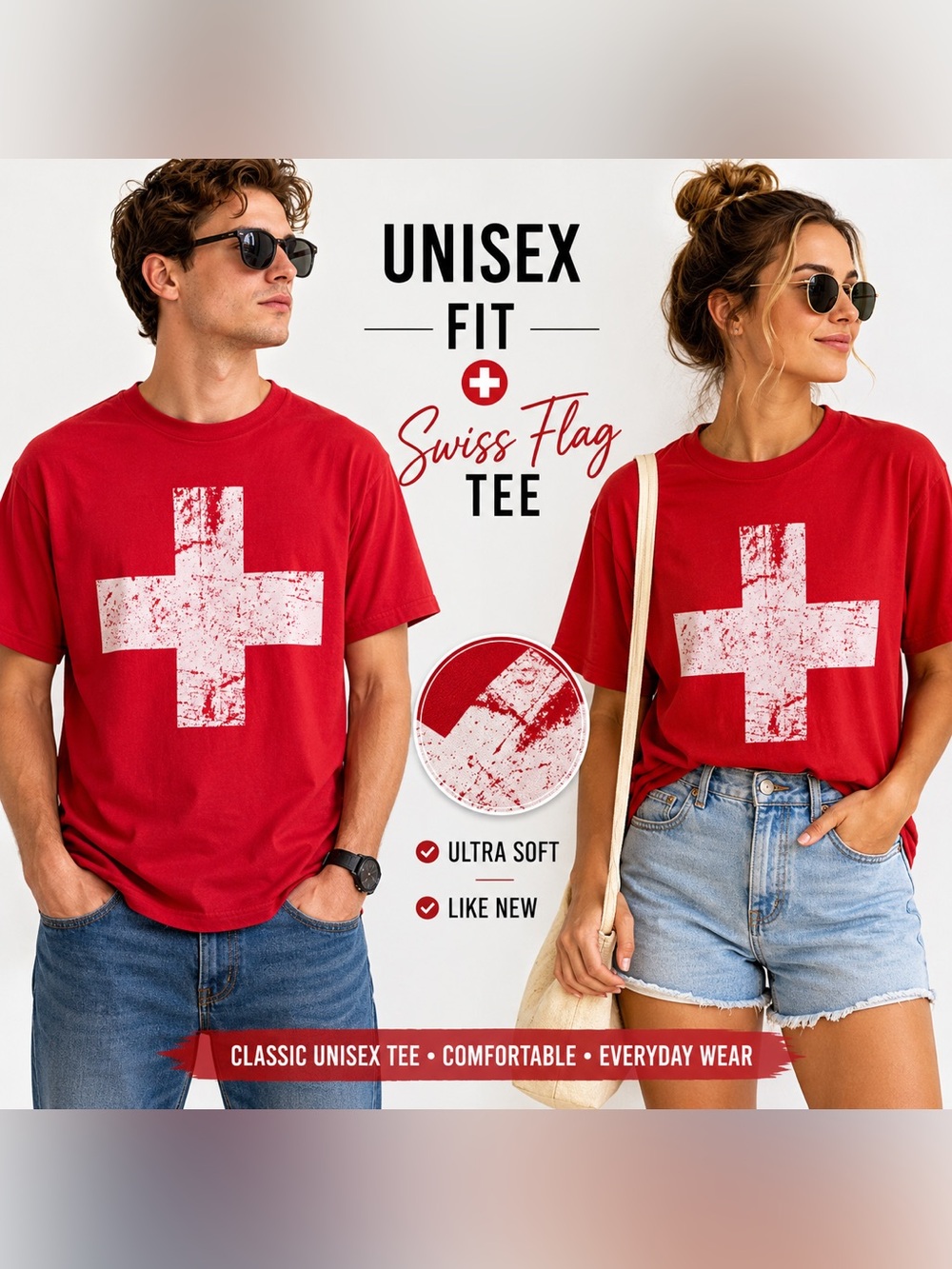 Unisex Switzerland Swiss Flag Graphic Tee | Ultra Soft Red T-Shirt | Classic Fit